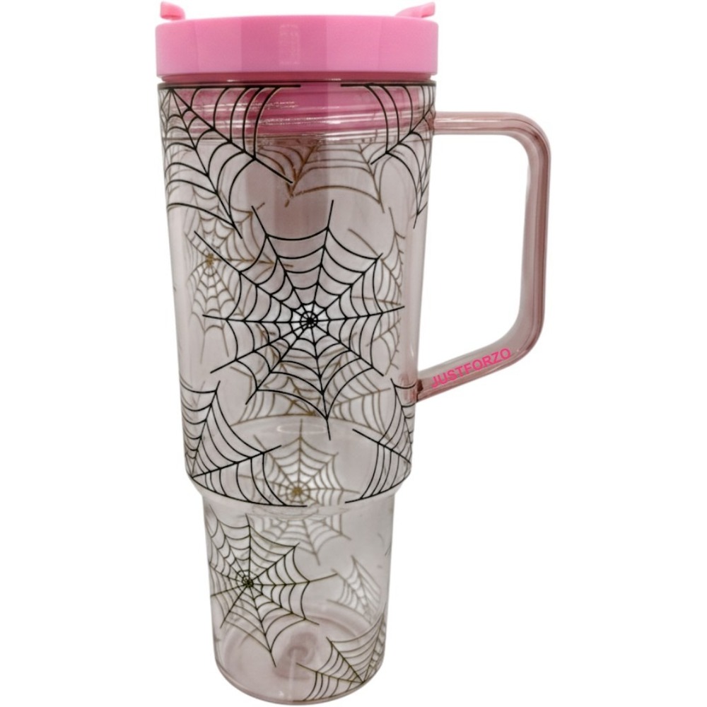 Pink Spooky Spider Web Tumbler Cup with Handle & Charm. Halloween